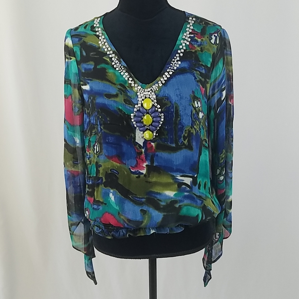 Sunny Leigh women L blouse sheer smock waist beaded v-neck boho whimsigoth